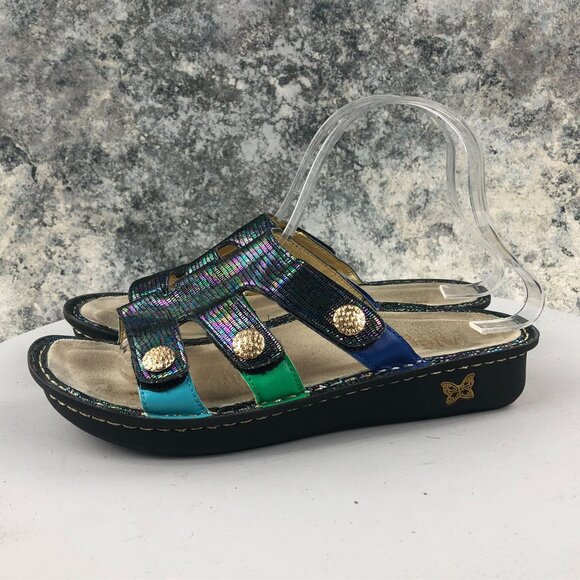 ALEGRIA Women's 38 (8-8.5) Venus Multicolor Gleam Leather Strappy Wedge Sandals - Picture 3 of 13